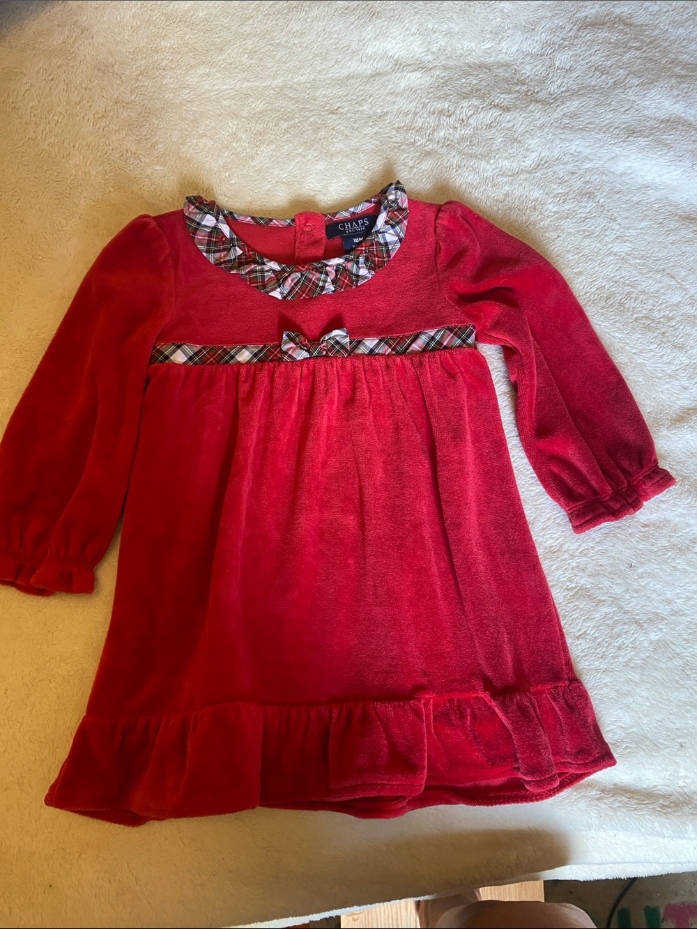 Chaps Red Velvet Dress with Plaid Trim
